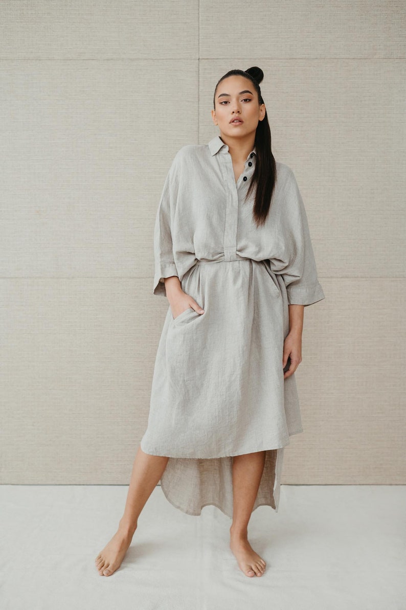 Natural beige linen dress/shirt Dubai, women linen long natural dress with shirt top, organic linen clothing, oversize linen top, shirtdress image 2