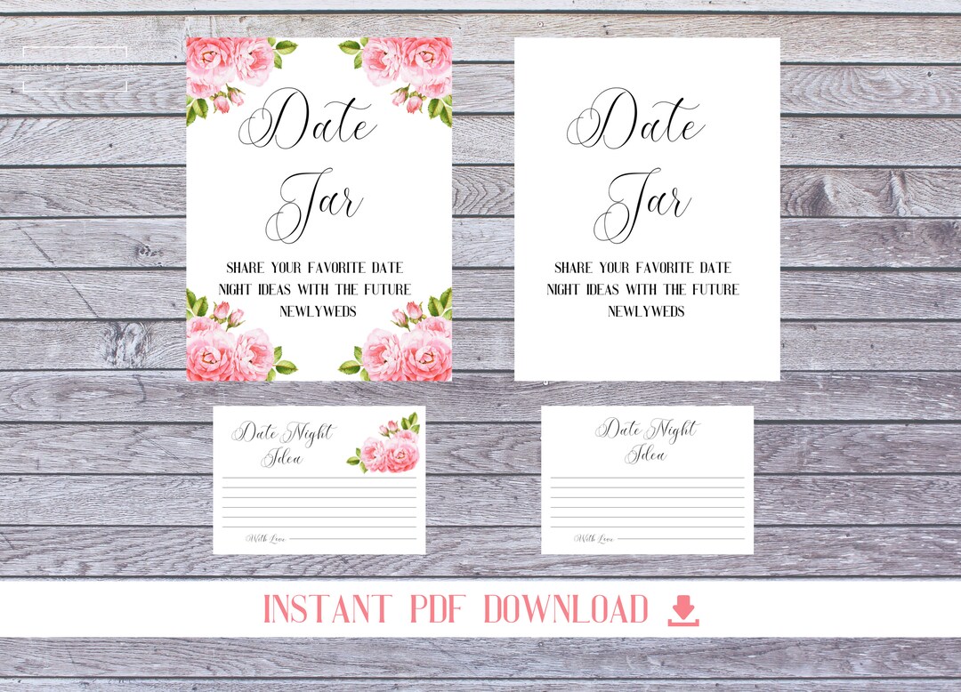 Date Night Jar Sign and Notecard Printable 2 Designs Bachelorette Party