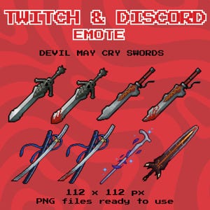 May include: Pixel art graphic of seven Devil May Cry swords, suitable for Twitch and Discord emotes. The swords have diverse designs, some with detailed hilts and red accents. The image includes the text "TWITCH & DISCORD EMOTE" and "DEVIL MAY CRY SWORDS". The image is 112 x 112 px.
