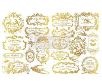 Chant Du Matin H2O Decor Transfer, Vintage French Labels, Gold Birds (2 Sheets)