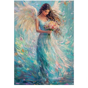 May include: An ethereal painting of a woman with angel wings, wearing a flowing blue dress. She holds a bouquet of flowers, with a serene expression. The background features a blend of blues and greens, creating a soft, dreamlike atmosphere.