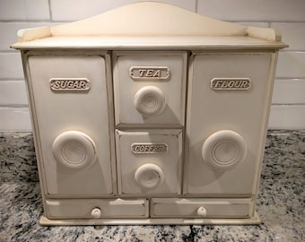 Vintage Wooden Kitchen Storage Box, Distressed Off-White Flour, Sugar, Coffee, Tea Drawers