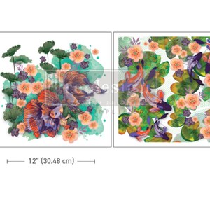 May include: Two digital paper designs featuring colorful fish and floral patterns. The first design features two fish with orange, purple, and blue scales swimming in a pond with green lily pads and pink flowers. The second design features a pond with green lily pads, pink flowers, and orange and purple fish swimming in the water.