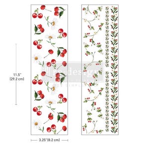 May include: Two decorative transfer sheets with cherry and daisy designs. One sheet features scattered red cherries and white daisies. The other sheet has cherry vines and a floral border. Each sheet is 11.5 inches (29.2 cm) long and 3.25 inches (8.2 cm) wide.