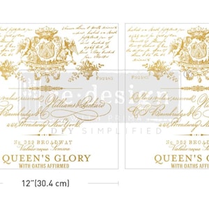 Redesign With Prima &quot;QUEEN&#39;S GLORY&quot; Maxi Decor Transfer, 12x12, Gold Foil Transfer, Script Image Transfer, Gold Script Furniture Decal