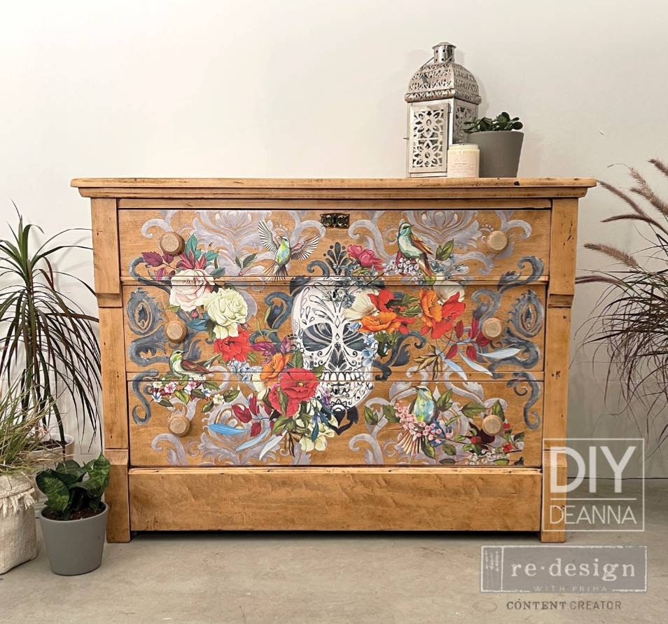 Cece Restyled And Redesign With Prima "Sweet Dreaming" Decor Transfer, Floral And Skull Rub On Wall Image, Colorful Flowers Furniture Decal