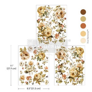 May include: Floral design transfers featuring roses in shades of yellow, peach, and cream, with green foliage. The transfers are available in three sizes, with the largest measuring 11 inches (27.9 cm) high and 8.5 inches (21.5 cm) wide. The color palette is displayed on the right.