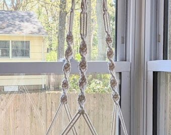 Macrame Plant Hanger, Carved Wooden Bowl, Wrought Iron Ring, Boho Kitchen Decor