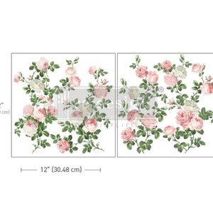 May include: Two white rectangular floral decals, each 12 inches (30.48 cm) square, feature pink and white roses with green leaves. The decals are designed to be applied to a surface. The floral design is a classic, romantic style.