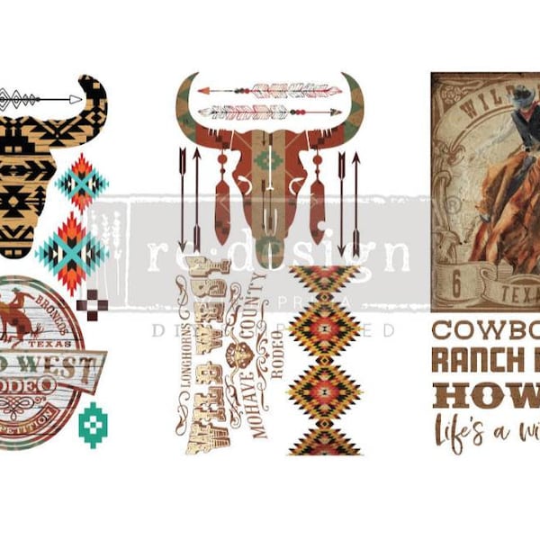 Redesign With Prima "Wild West" Mini Decor Transfer, Skull, Rodeo, Cowboy, Rub On Colorful Western Decal For Furniture, Walls & More!