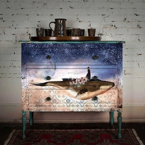 Redesign With Prima &quot;Whale In Cosmos&quot; A1 Decoupage Fiber Paper, Fiber Tissue Paper, Woman, Whale, Flowers, XL Size For Furniture & More