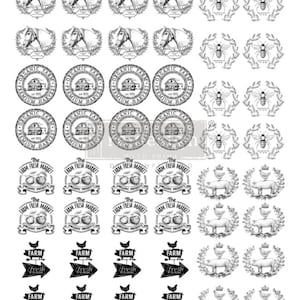 May include: A sheet of black and white printable stickers featuring various farm-themed designs. The designs include horses, pigs, bees, farmhouses, apples, and signs that say "Farm Fresh".