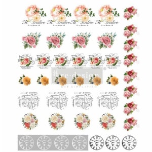 May include: A sheet of decoupage paper with floral designs, including roses, clocks, and handwritten text. The text includes the words "M. Dorleve" and "18".