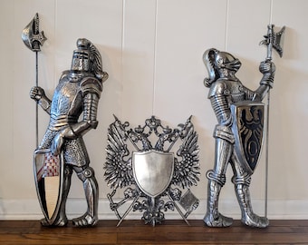 Regal Crusading Knights Wall Decor Set, Vintage 3 Piece Set, Medieval Knights, Renaissance, Double Headed Eagle Crest, Standing At 31"Tall