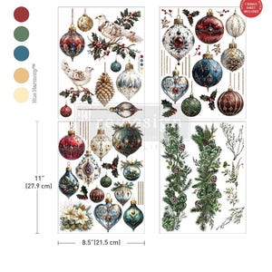 May include: A sheet of Christmas-themed decorative transfers featuring various ornaments, birds, and greenery. The sheet measures 8.5 inches (21.5 cm) wide and 11 inches (27.9 cm) tall. Includes a bonus sheet. The color palette includes red, green, blue, and gold.