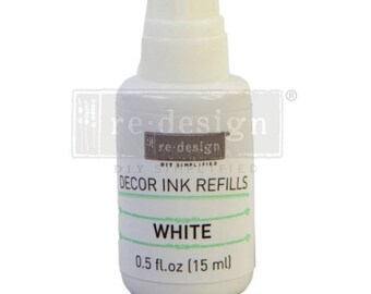 May include: White decor ink refill bottle with a white cap and a label that says "re-design DIY Simplified DECOR INK REFILLS WHITE 0.5 fl.oz (15 ml)"