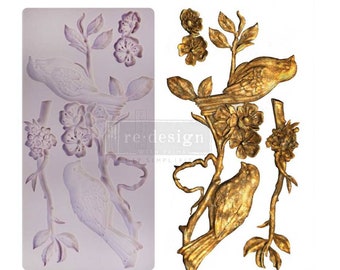 Redesign With Prima "Blossoming Spring" Decor Mould, Large Applique, 5x10 Mold, Accent, Detail, Bird, Floral, Silicone Mold, Food Safe