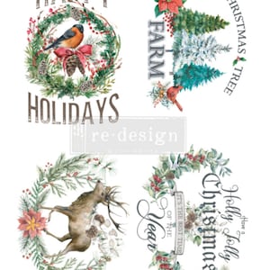 Redesign With Prima &quot;Holly Jolly Xmas&quot; Decor Transfer, Floral Rub On Christmas Transfer, Winter Decal, Poinsettia, Reindeer, Christmas Tree