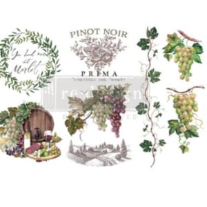 May include: A set of six digital wine-themed illustrations featuring grapes, vines, a barrel, a wine glass, and a wreath with the text "You had me at Merlot". The illustrations are in a vintage style with a light brown background.