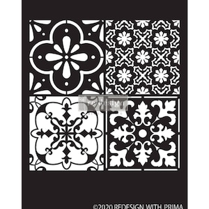 May include: Black and white stencil featuring four different tile designs. The stencil is made of durable plastic and is perfect for creating a unique and stylish look on walls, furniture, and other surfaces.