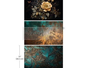 New Redesign With Prima "Petals Adorned" Decoupage Paper Pack, 3 Sheets, 3 Designs, Large Flowers, Roses, Teal, Gold, Thick Tissue Paper
