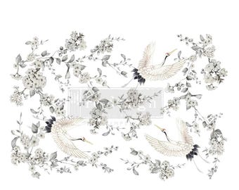 Silver Wings Decor Transfer, Floral Cranes, Blossoming Branches Furniture Decal