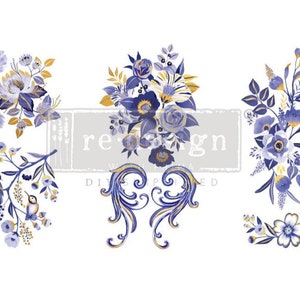Redesign With Prima &quot;Juliet&quot; Mini Decor Transfer, Blue, Purple And Gold Flowers Decal, Gilded Floral Image For Furniture, Walls & More!