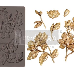 Redesign With Prima &quot;Magnolia Blooms&quot; Decor Mould, Food Safe Silicone Mold, Floral Details, Leaves, Flowers, Appliques