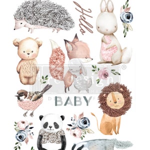 May include: A set of watercolor illustrations featuring various animals, including a hedgehog, rabbit, fox, bear, panda, lion, badger, and a bird. The illustrations are in a soft, pastel color palette and include floral elements. The text "Hello Baby" is written in a cursive font.