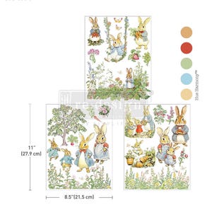 May include: Three sheets of decorative bunny-themed stickers. The stickers feature illustrations of rabbits in various scenes, including a bunny on a swing and bunnies in a garden. The sheets measure 8.5 inches (21.5 cm) wide and 11 inches (27.9 cm) tall.