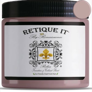May include: A jar of Retique It by Renaissance Rolica Furniture & Cabinet Paint. The paint is a dusty rose color and the jar has a black lid. The label says "Eco-Friendly Chalk Finish Paint".