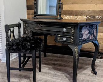 SOLD*****Refinished Antique 3 Piece Set - Vanity Shaving Mirror & Stool - Victorian Gothic Style Black W/ Gold Accents And Faux Fur Seat