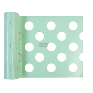 May include: A roll of mint green adhesive paper with a white polka dot pattern. The paper is rolled up and the end of the roll is visible.