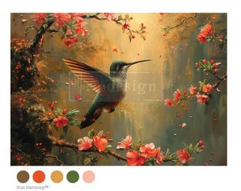 Sunset Serenade Decoupage Fiber Paper, A3 Size, Hummingbird And Flowers