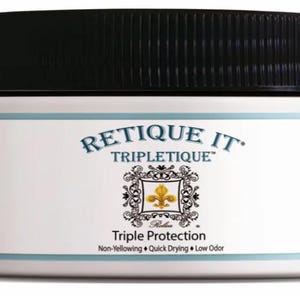 May include: White jar with a black lid labeled "Retique It Tripletique" with a gold crest and the text "Triple Protection Non-Yellowing &bull; Quick Drying &bull; Low Odor"
