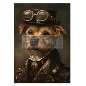 Redesign With Prima GEAR HOUND Decoupage Fiber, Tear & Wrinkle Resistant, Large Decoupage Paper, Steampunk Style, Dog, Pilot, Aviation