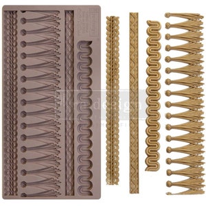 May include: Silicone mold for making decorative cake borders. The mold features five different designs, including a tassel fringe, a rope braid, a wavy border, a scalloped border, and a knotted border. The mold is made of food-grade silicone and is heat-resistant up to 400 degrees Fahrenheit.