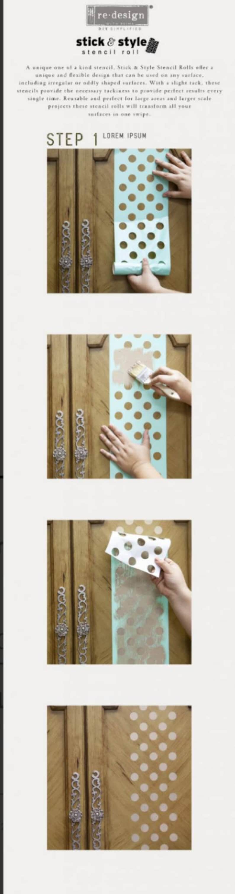 Peut inclure: Gros plan sur une porte de placard en bois en cours de d&eacute;coration avec un pochoir &agrave; pois turquoise et blanc. Le pochoir est appliqu&eacute; sur la porte par sections, et la personne utilise un pinceau pour appliquer de la peinture dor&eacute;e &agrave; travers le pochoir.
