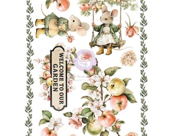 Homegrown Collection A4 Transfer Sheet, Whimsical Mice, Apples, Garden Floral Decals