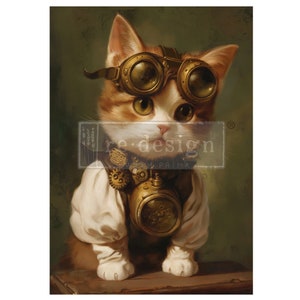 Redesign With Prima CLOCKWORK KITTY Decoupage Fiber, Tear & Wrinkle Resistant, Large Decoupage Paper, Steampunk Style, Cat, Pilot