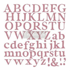May include: A pink alphabet stencil with uppercase and lowercase letters, numbers, and punctuation marks. The stencil includes the letters A through Z, the numbers 1 through 9, and the punctuation marks !, &, and .