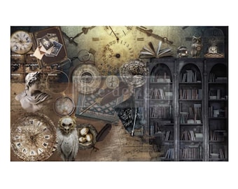 May include: A vintage-inspired collage featuring antique clocks, a bust of a woman, a book, a birdcage with an owl, and a bookshelf filled with books. The image has a dark, mysterious, and antique aesthetic.