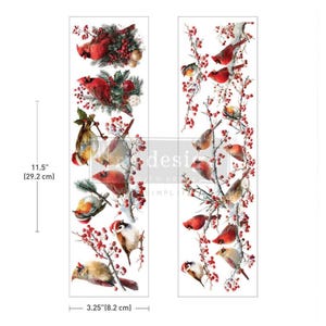 May include: Two vertical decorative transfer sheets featuring illustrations of red cardinals and other birds perched on snowy branches with red berries. The sheets measure 11.5 inches by 3.25 inches and display a variety of bird poses and winter foliage.