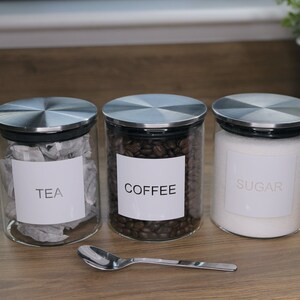 Tea, Coffee & Sugar Jars With Stainless steel Lids / Kitchen Canisters/ Kitchen jars/ Kitchen storage/ labelled storage