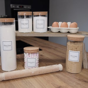 Glass storage Jars with Cork lids including square labelling, Pantry Jars, Custom food Jars, Labelled storage, Home organisation