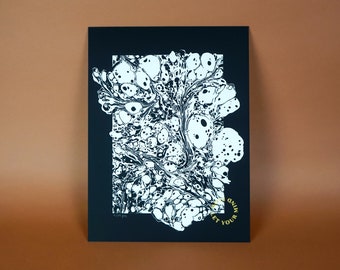 May include: Black and white abstract art print with a unique marbled design. The artwork features a rectangular shape with a swirling pattern of white and black ink. The words "LET YOUR MIND" are in yellow text.