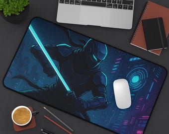 Cyber Ninja Gamer Mouse Pad, Gaming Desk Mat, Cool Computer Accessories, Tech Gift for Gamers, Office Desk Decor, Digital Warrior Mouse Mat