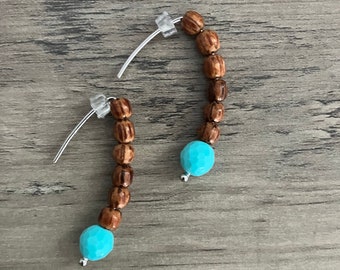 Brown and turquoise Curved Dangle Earrings, beaded drop earrings