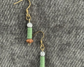 Dangle earring, green teardrop, beaded bar earring