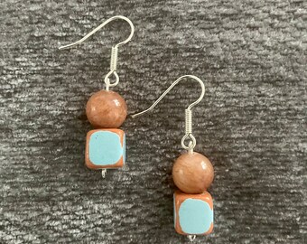 Brown and blue teardrop earrings, Jade and ceramic cube dangle earrings